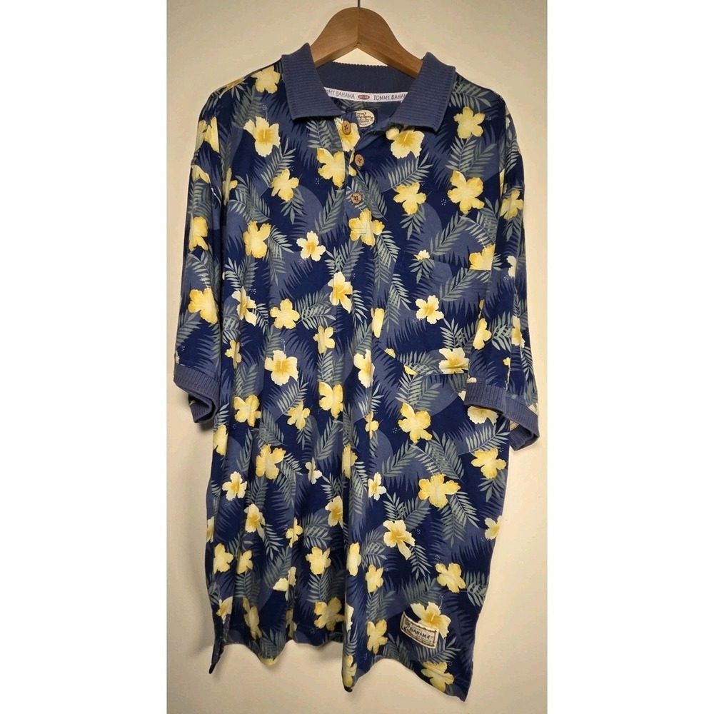 Tommy Bahama Floral Polo Shirt Navy Yellow Hawaiian Print Cotton Large